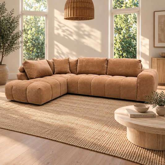 Marsha chenille chaise lounge, rust upholstery, wider view of chaise layout