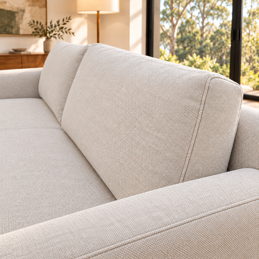 Sempre three-seater fabric sofa, Dance Oat back cushion and arm detail