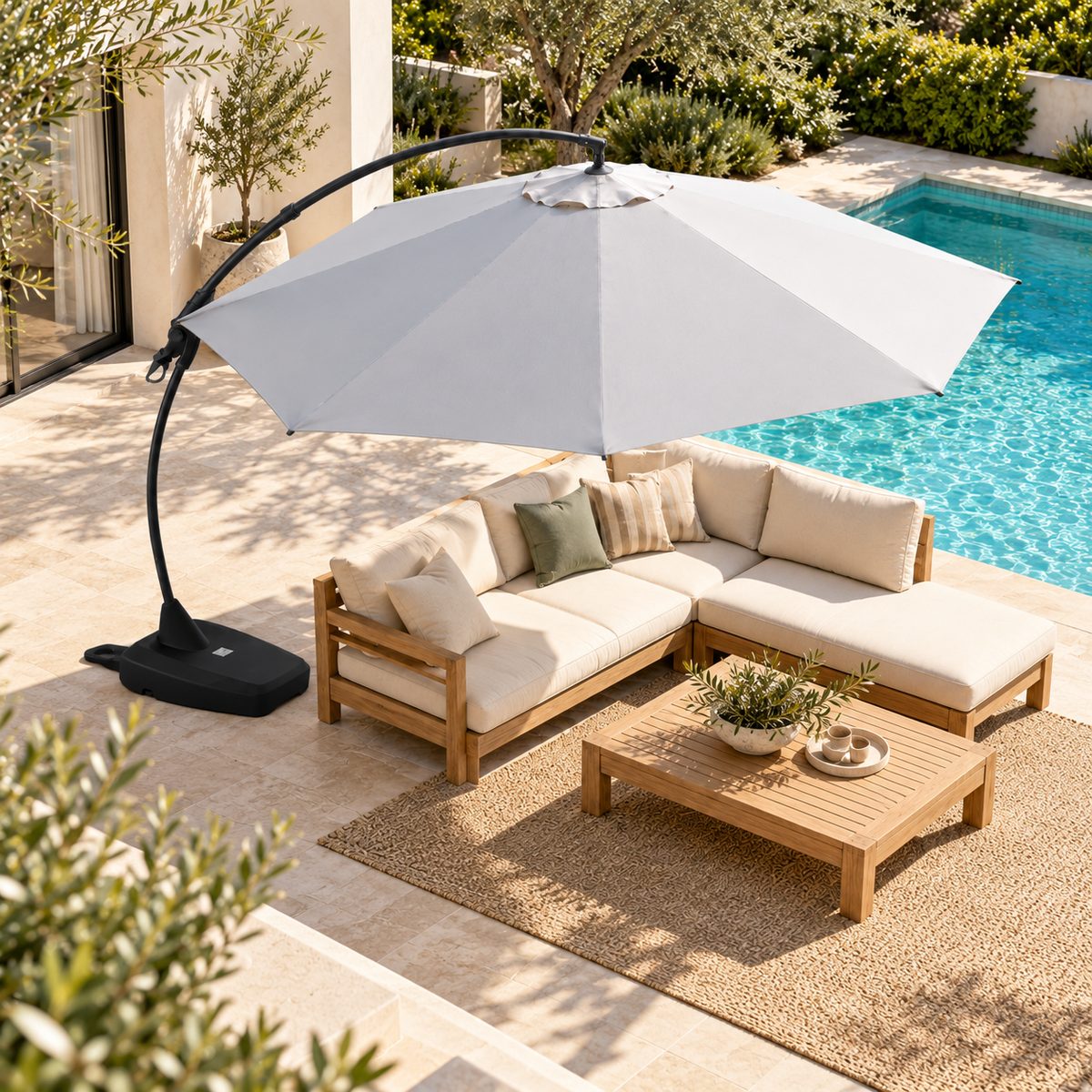 Napoli 350 cm cantilever outdoor umbrella, overhead view of canopy and patio layout
