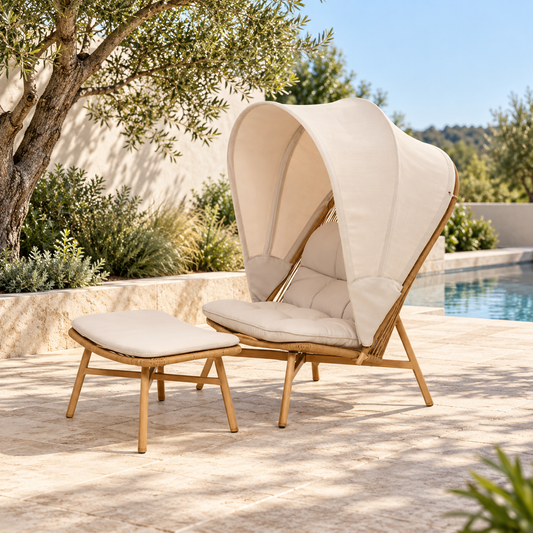 Lido outdoor shade chair and footstool, angled view of canopy chair beside a pool