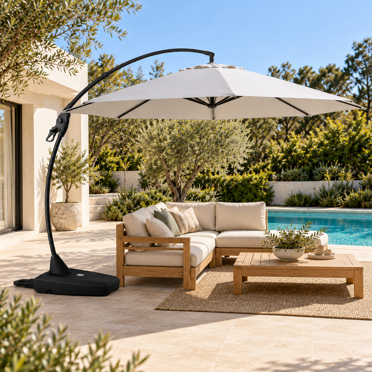 Napoli 350 cm cantilever outdoor umbrella, open canopy shading outdoor seating beside a pool