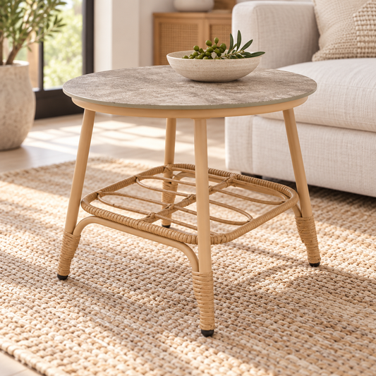 Miami round outdoor side table, ceramic tabletop beside a sofa