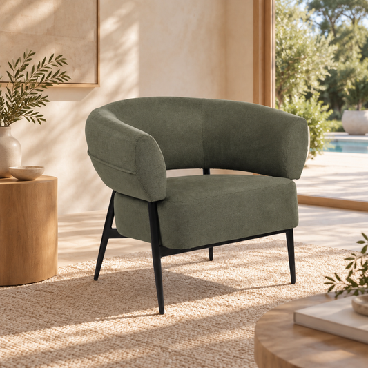 Cuba fabric occasional chair, green upholstery, angled view with metal legs