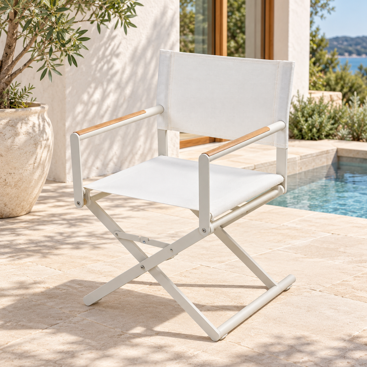 Roller folding outdoor director’s chair, angled view with white seat and back