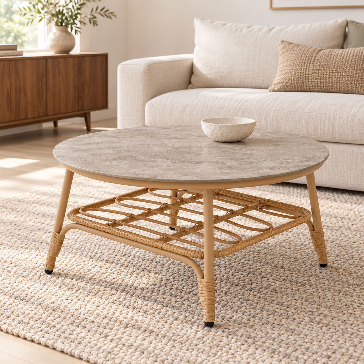 Miami round outdoor coffee table, ceramic top and woven-design frame in a living room
