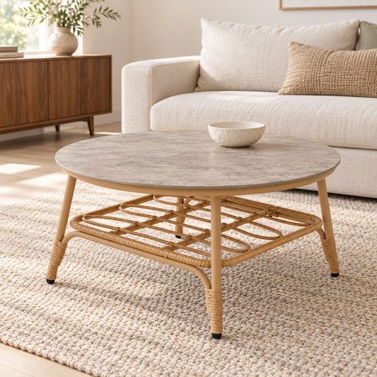 Miami round outdoor coffee table, ceramic top and woven-design frame in a living room