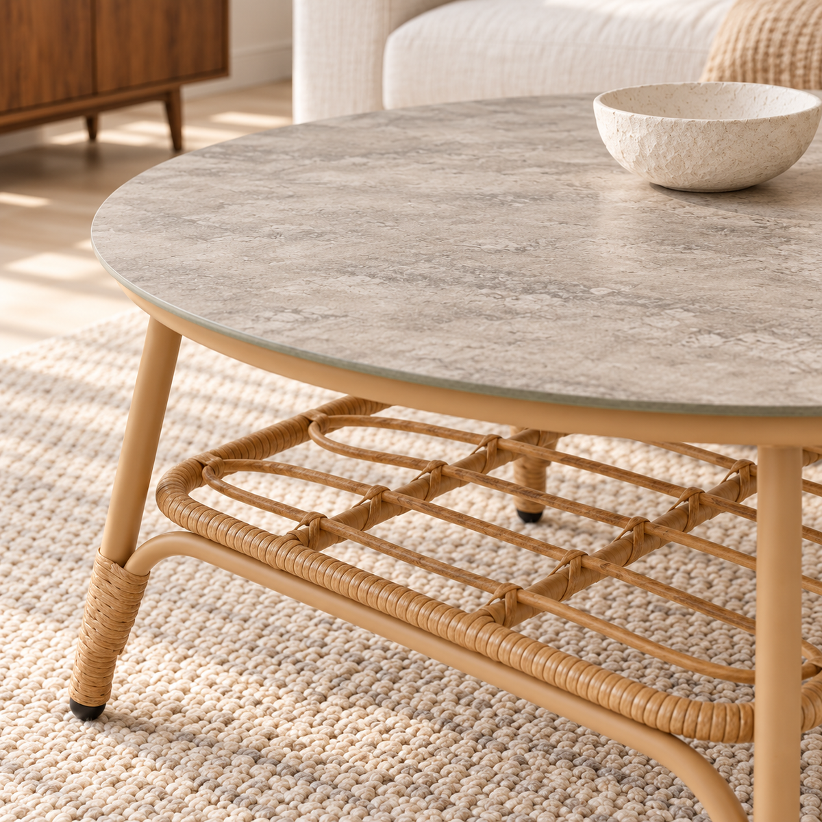 Miami round outdoor coffee table, close-up of ceramic surface and lower frame