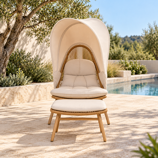 Lido outdoor shade chair and footstool, front view with matching footstool