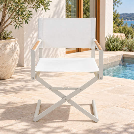 Roller folding outdoor director’s chair, front view on a patio