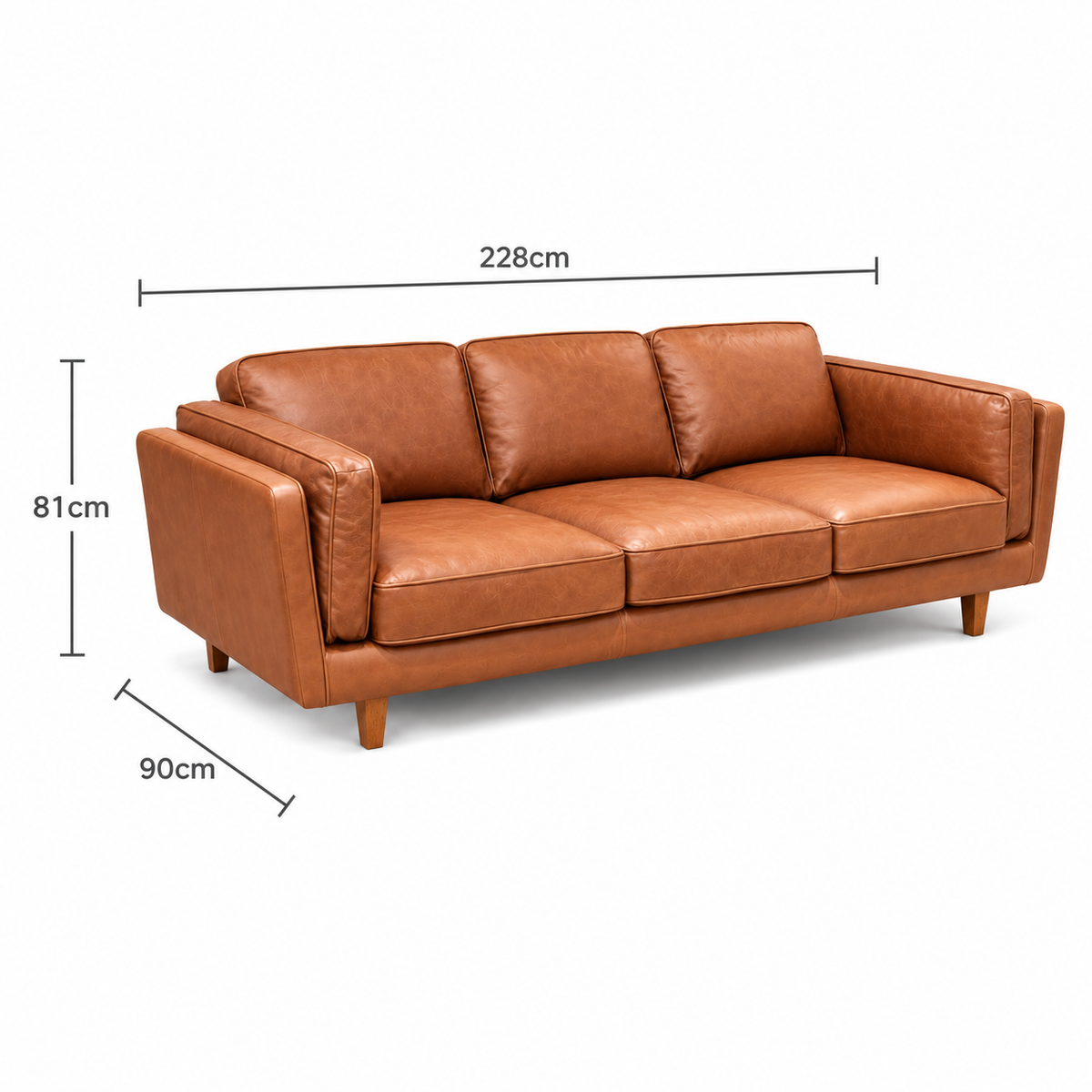 Brooklyn leather sofa dimensions: 228 cm wide, 90 cm deep and 81 cm high
