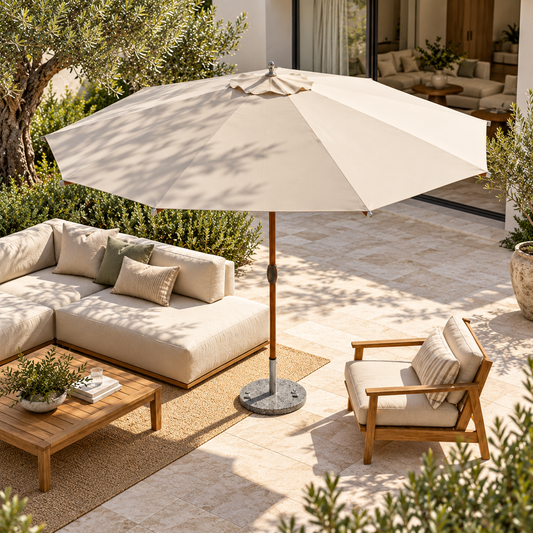 Hacienna 350 cm outdoor umbrella, overhead view of canopy and centre pole