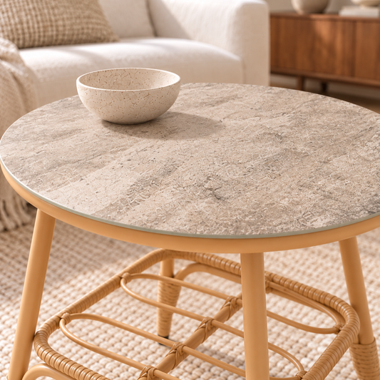 Miami round outdoor side table, close-up of ceramic surface and frame