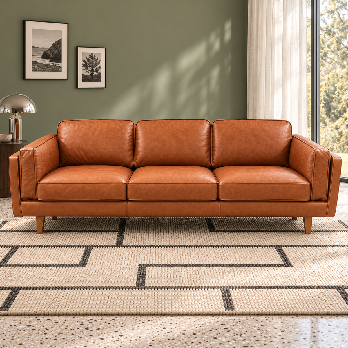 Brooklyn three-seater leather sofa in Ostuni Pecan, front view in a living room