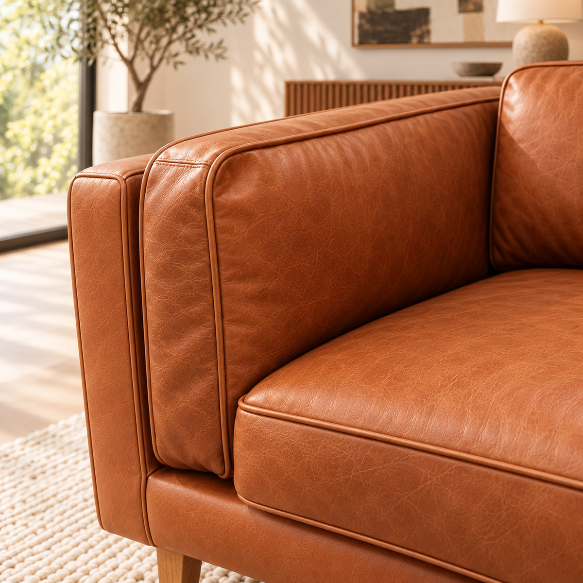 Close-up of the Brooklyn Ostuni Pecan leather sofa arm, bolster and stitching