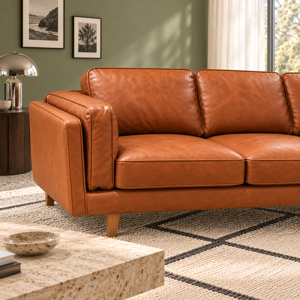 Brooklyn Ostuni Pecan sofa showing seat cushions and solid hardwood legs