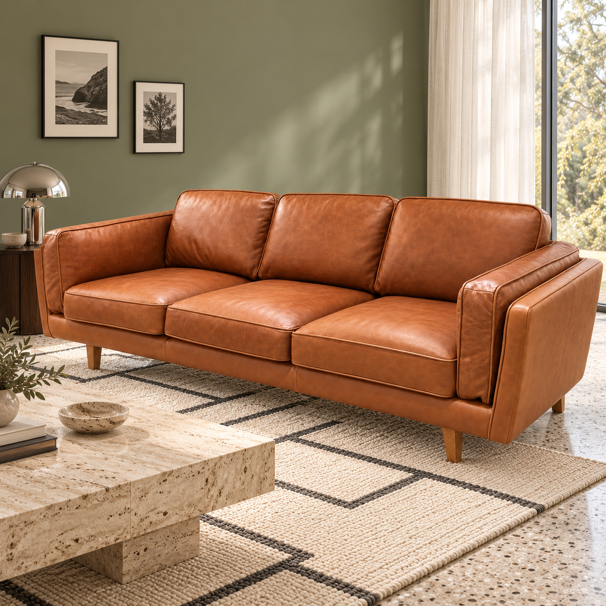 Angled view of the Brooklyn three-seater leather sofa in Ostuni Pecan