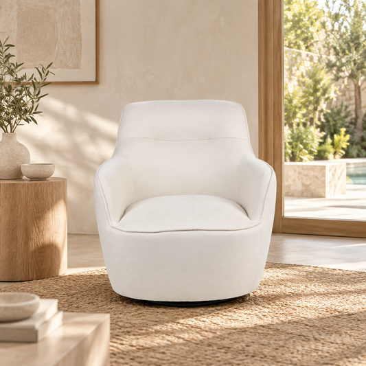 Bumble beige fabric swivel armchair, front view in a sunlit room