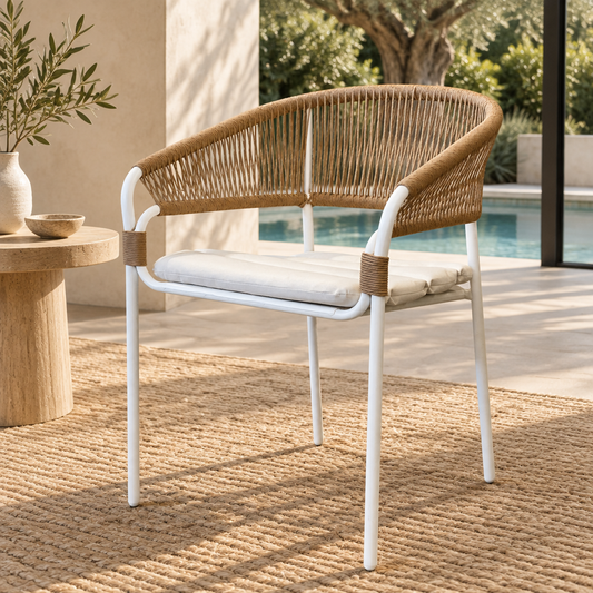 Campse outdoor dining chair, woven back and cushion on a patio