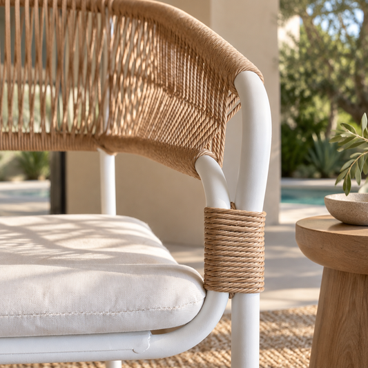 Campse outdoor dining chair, close-up of woven back, steel frame and cushion