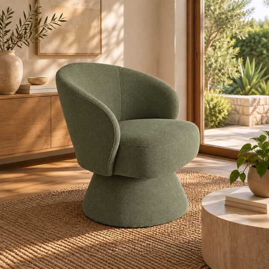 Circo fabric swivel armchair, green upholstery, angled front view