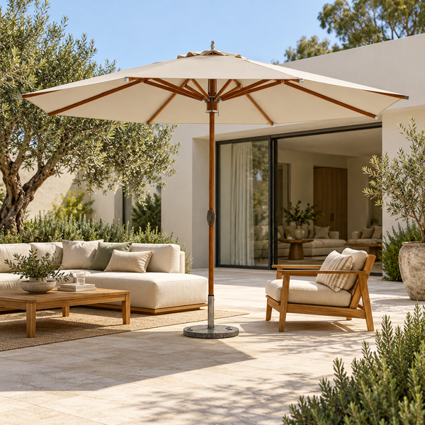 Hacienna 350 cm outdoor umbrella, open canopy shading patio seating