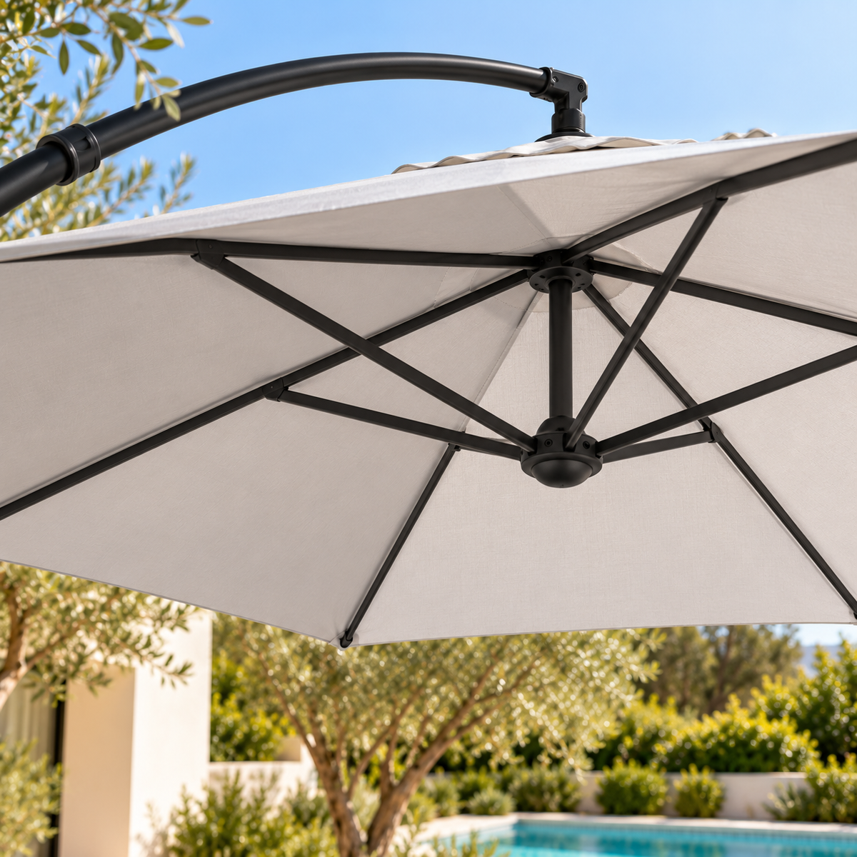 Napoli 350 cm cantilever outdoor umbrella, underside of canopy and aluminium support ribs
