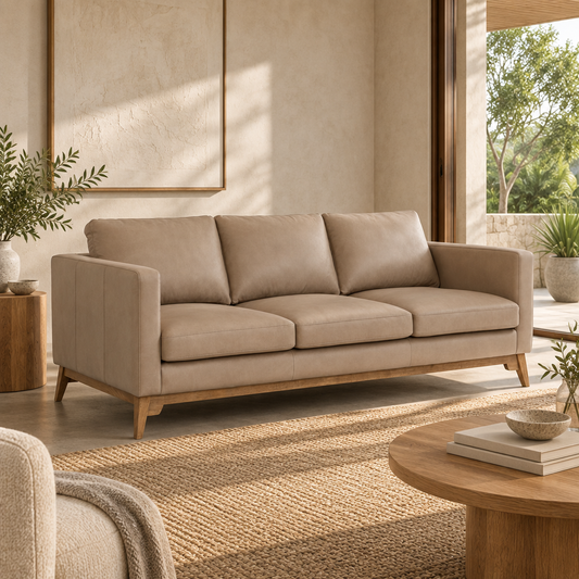 Fillamore three-seater Italian leather sofa, Chalk Tan finish, angled living-room view