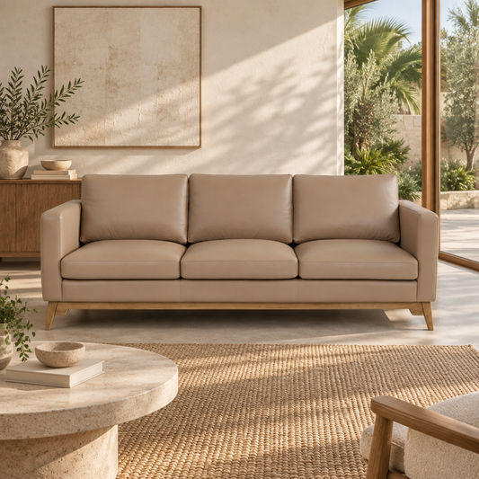 Fillamore three-seater Italian leather sofa, Chalk Tan finish, front view