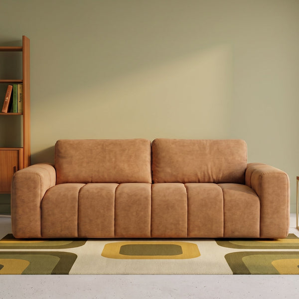Marsha three-seater chenille sofa, rust upholstery, front view with channelled cushions