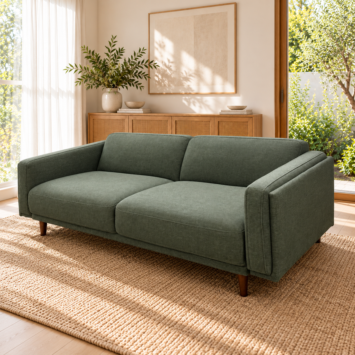 Hugo three-seater fabric sofa, Forest Green upholstery, angled view