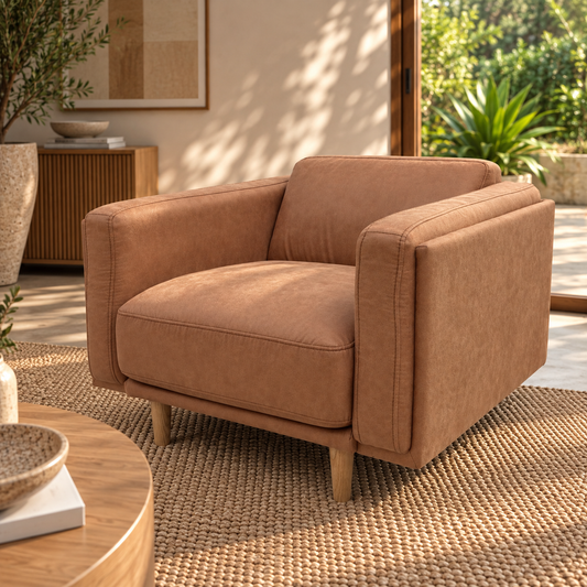 Hugo vegan suede armchair, angled view showing seat and upholstered arms