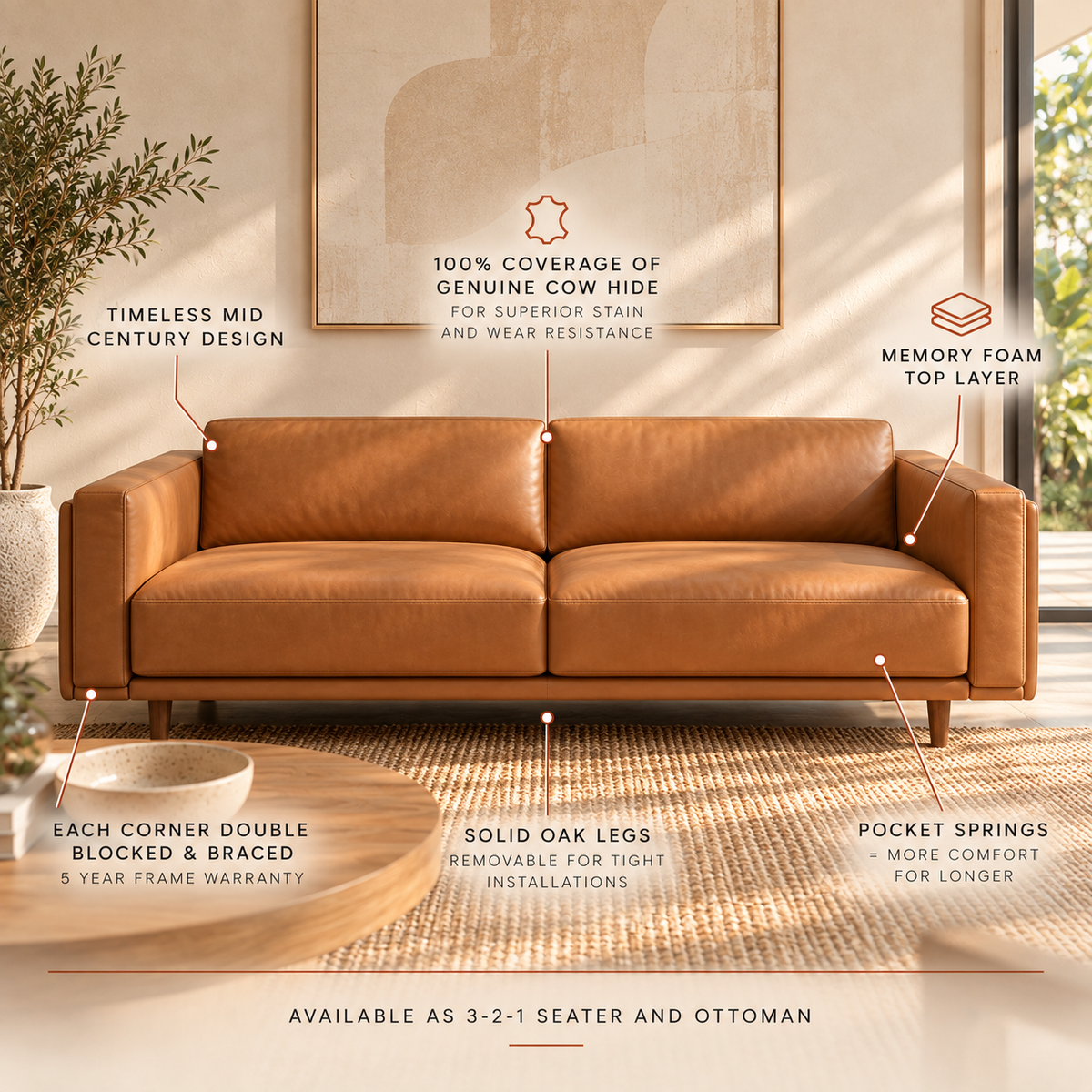 Hugo 2 Seater Tan Leather Sofa