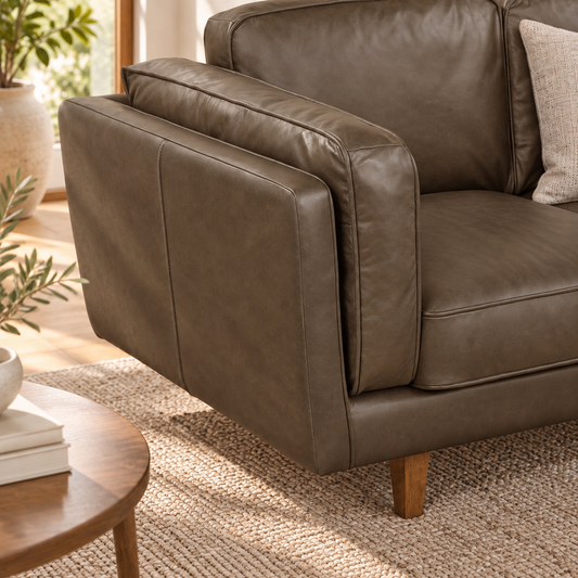 Brooklyn three-seater leather sofa, brown leather arm and bolster detail