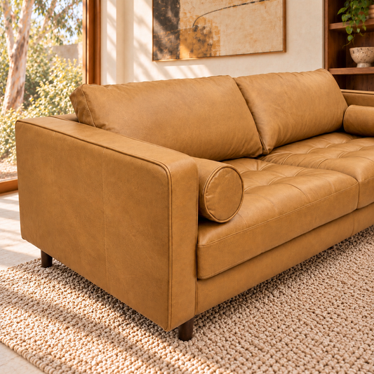 Jackson three-seater leather sofa, golden tan leather arm and bolster close-up