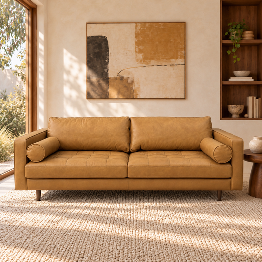 Jackson three-seater leather sofa, golden tan finish, front view