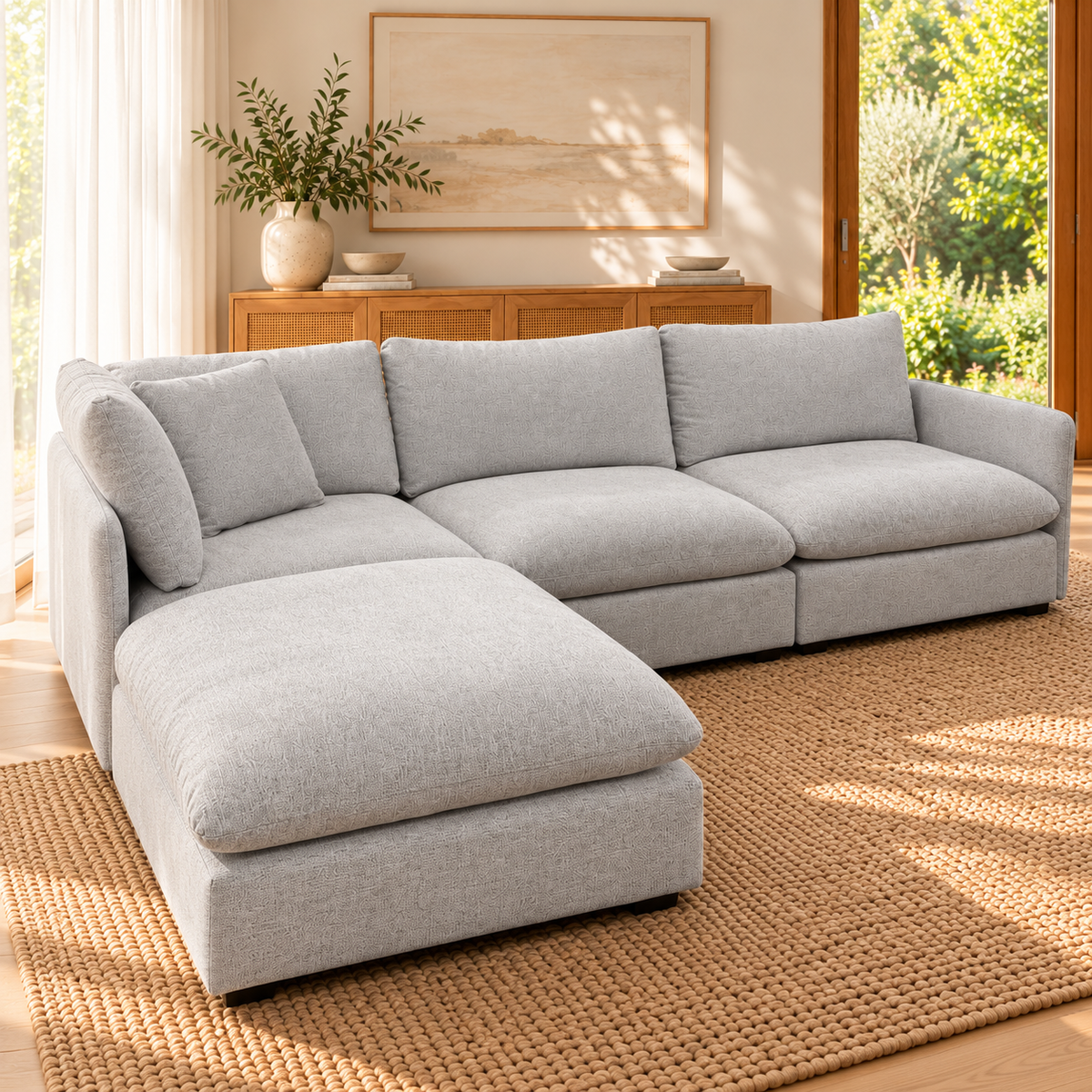 Jester modular lounge, light grey upholstery, angled chaise view