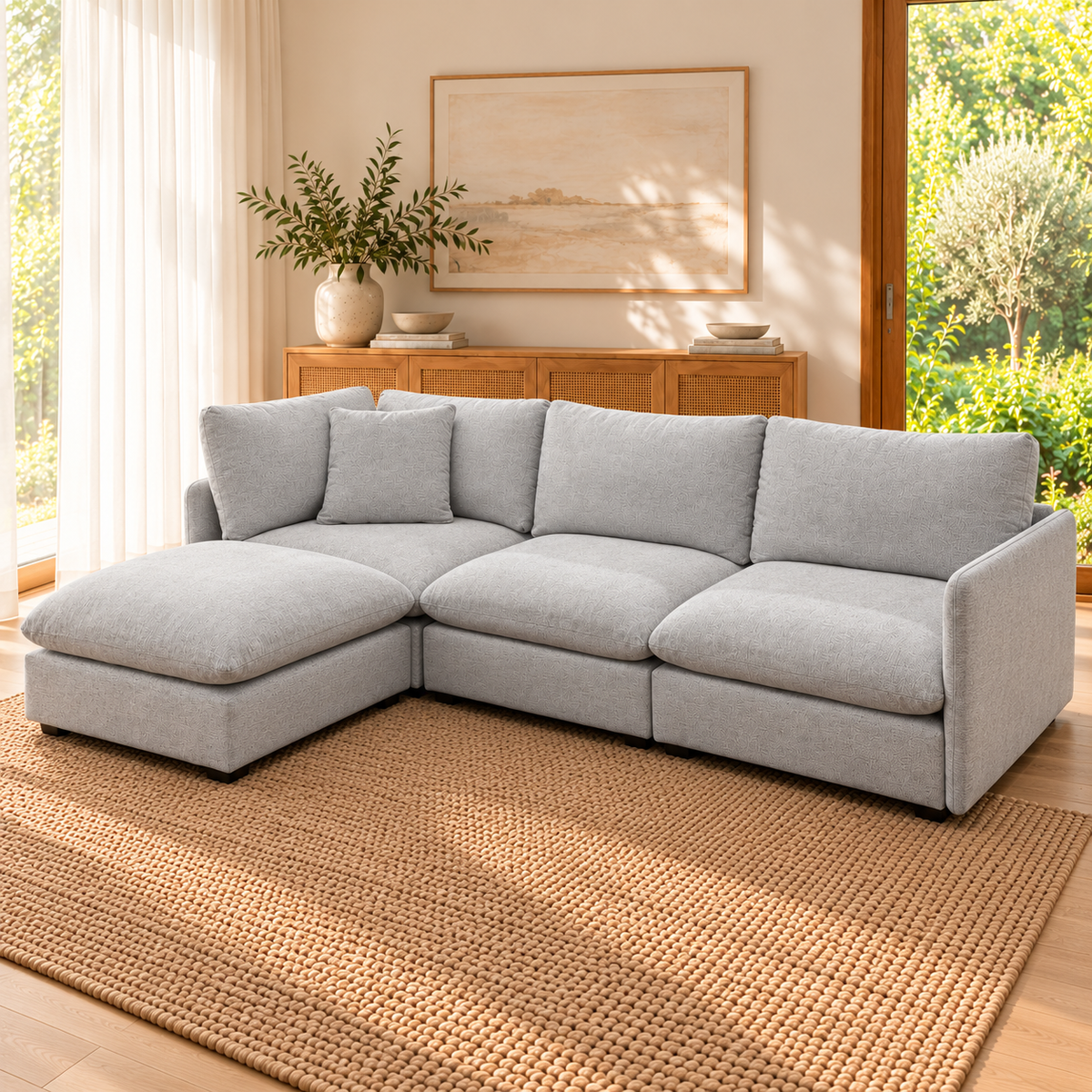 Jester modular lounge, close angled view of corner and chaise modules