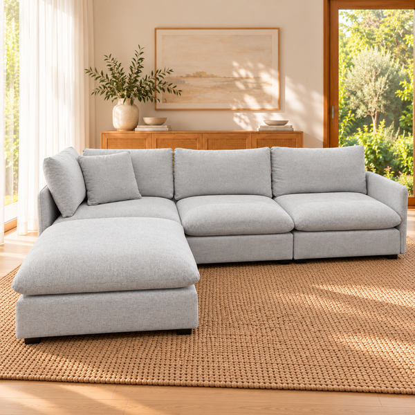 Jester modular lounge, light grey chaise arrangement in a living room