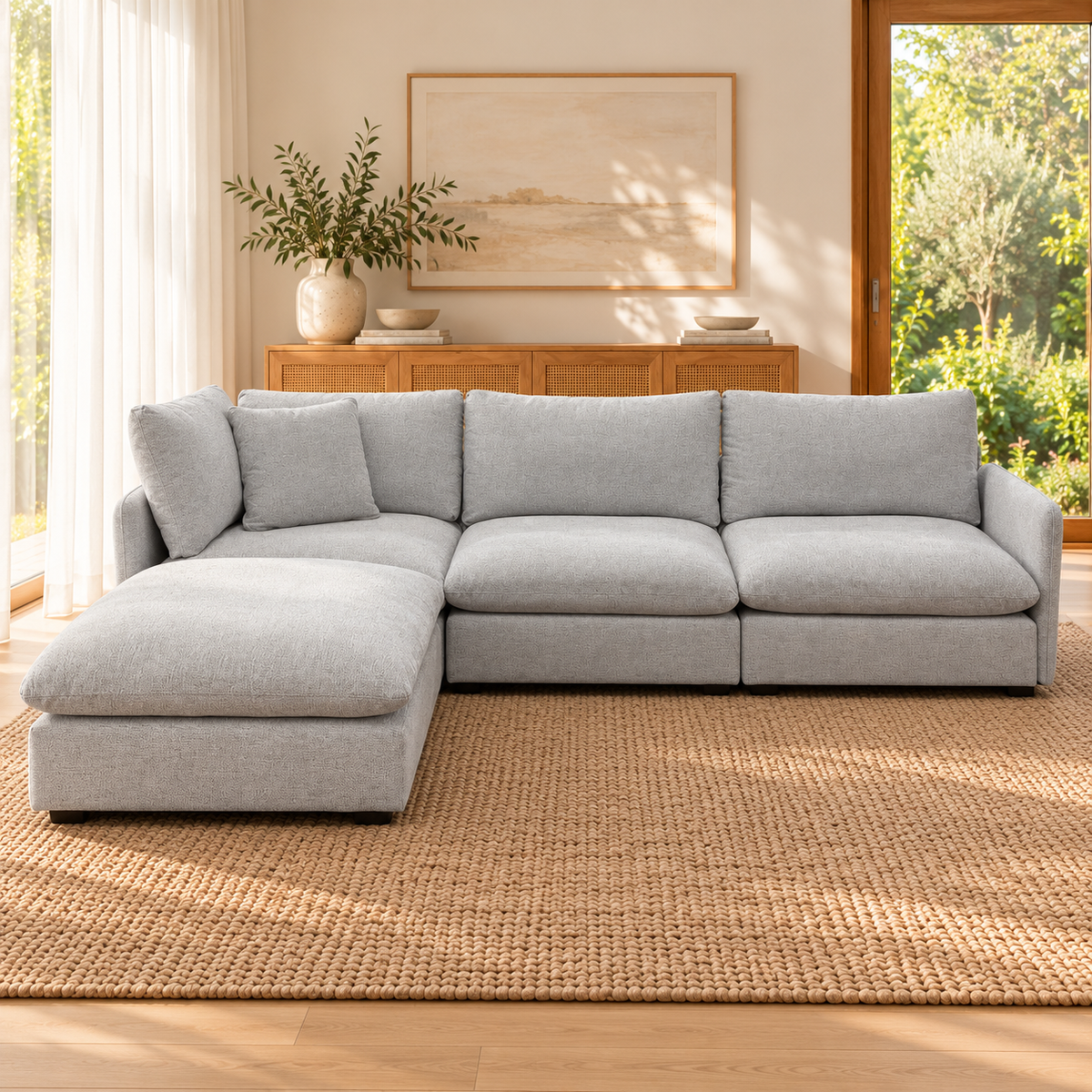 Jester modular lounge, front view with chaise section