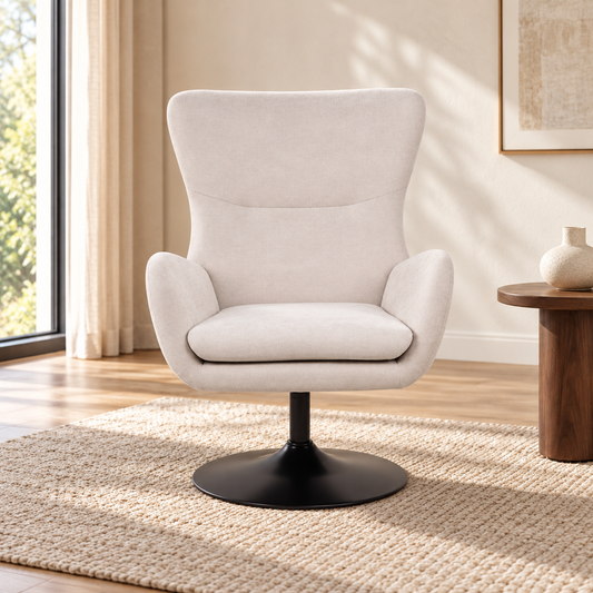 Kirk high-back fabric swivel armchair, front view showing tall backrest