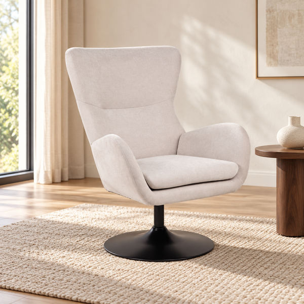 Kirk high-back fabric swivel armchair, angled front view with black pedestal base