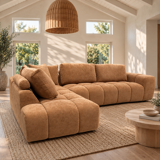 Marsha chenille chaise lounge, rust upholstery, angled room view