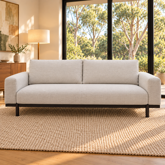 Sempre three-seater fabric sofa, Dance Oat upholstery, front view