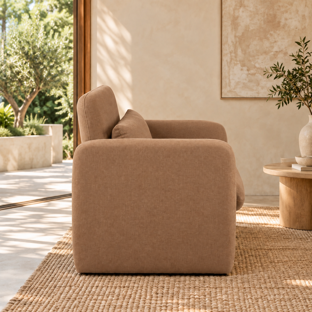Tate fabric occasional chair, brown upholstery, side profile