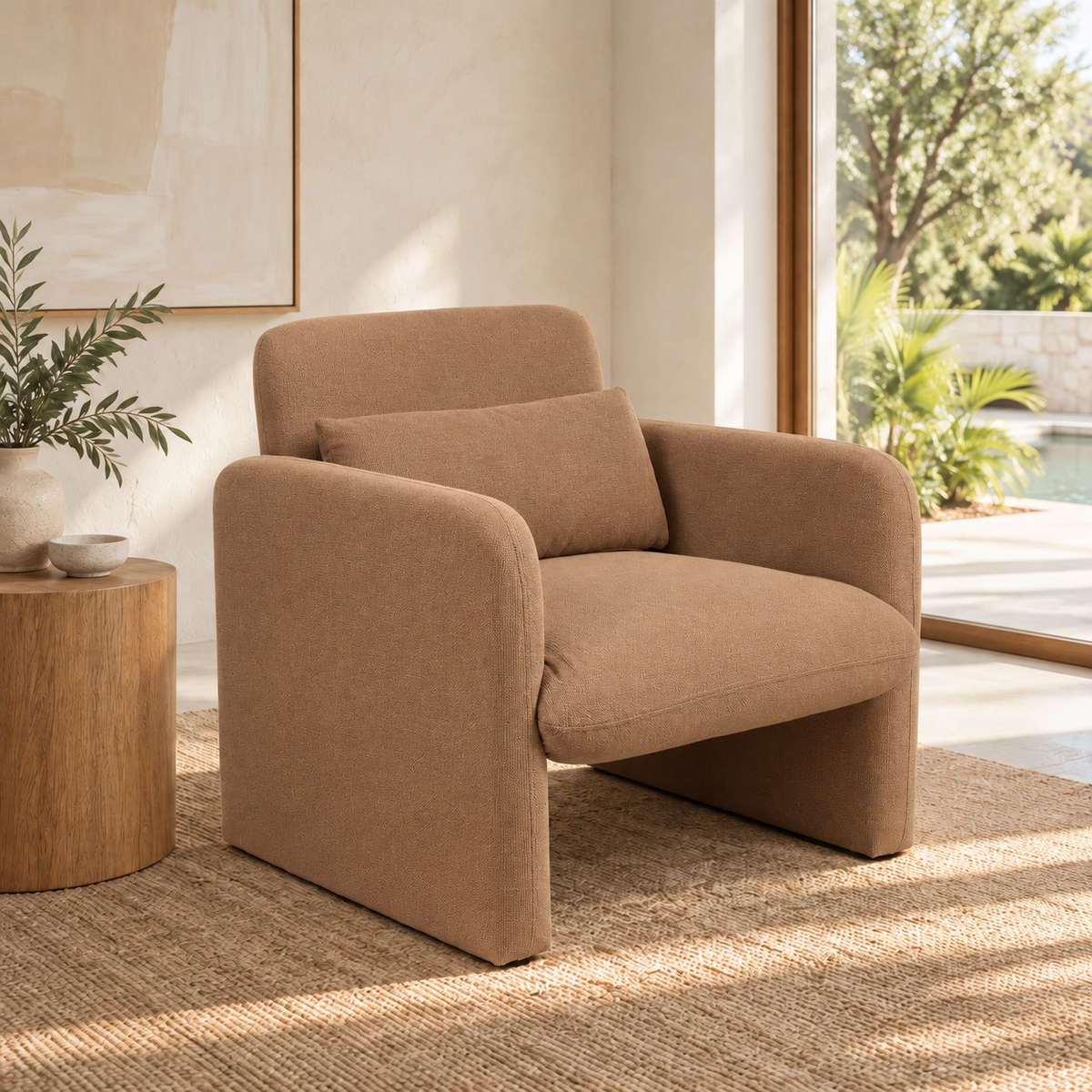 Tate fabric occasional chair, brown upholstery, angled front view