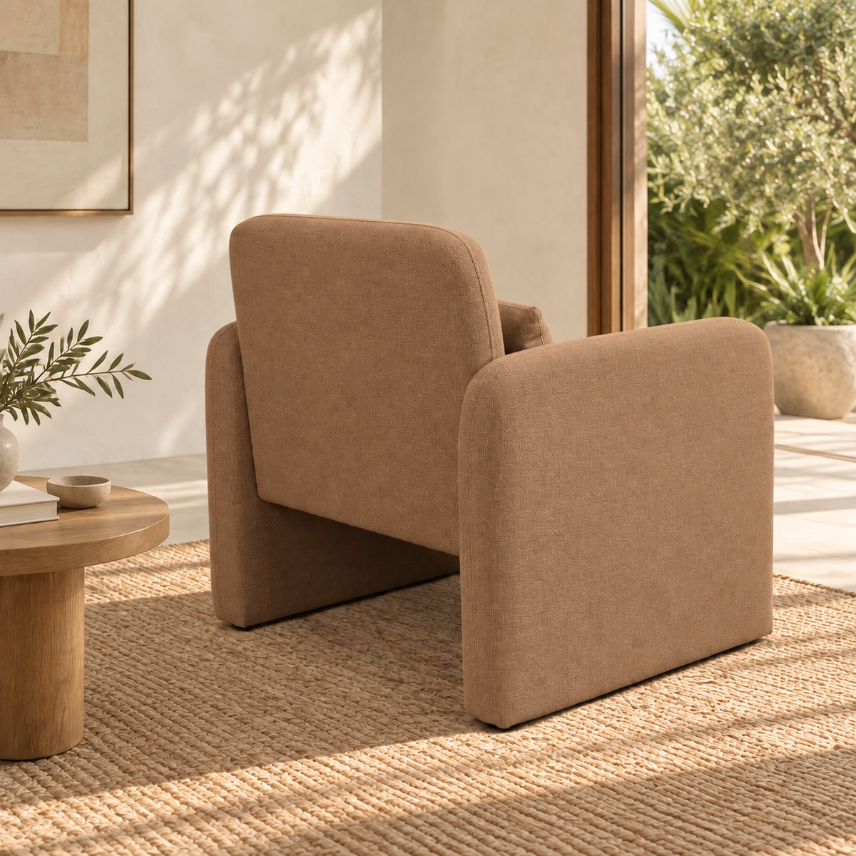 Tate fabric occasional chair, brown upholstery, angled rear view
