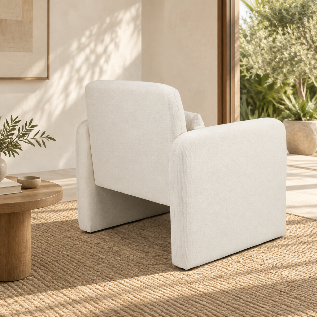 Tate fabric occasional chair, beige upholstery, angled rear view