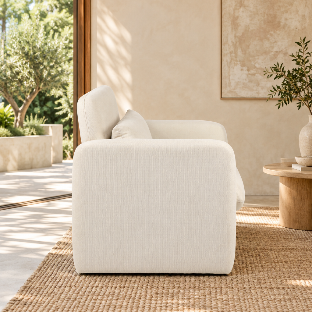 Tate fabric occasional chair, beige upholstery, side profile