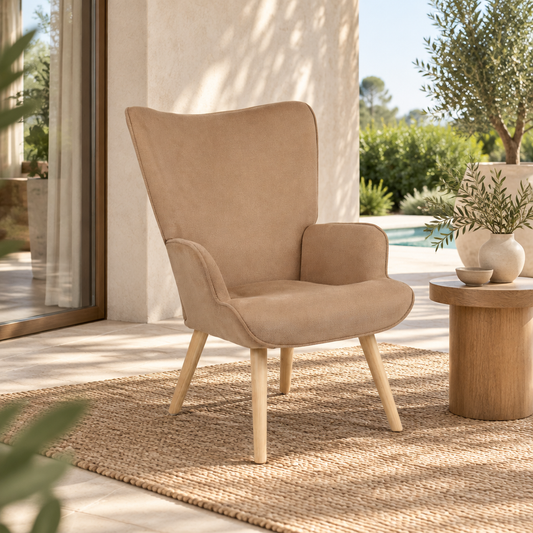 Kelly fabric wingback chair, brown upholstery, angled view