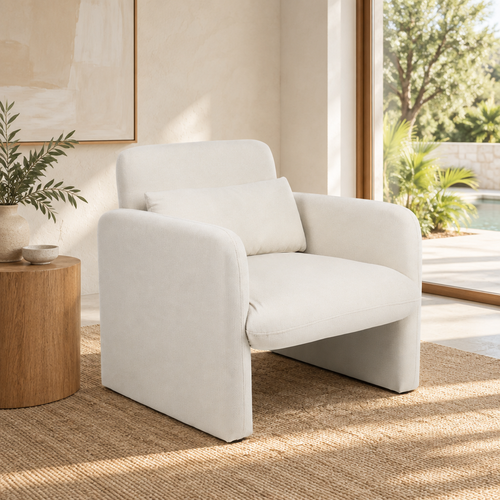 Tate fabric occasional chair, beige upholstery, angled front view